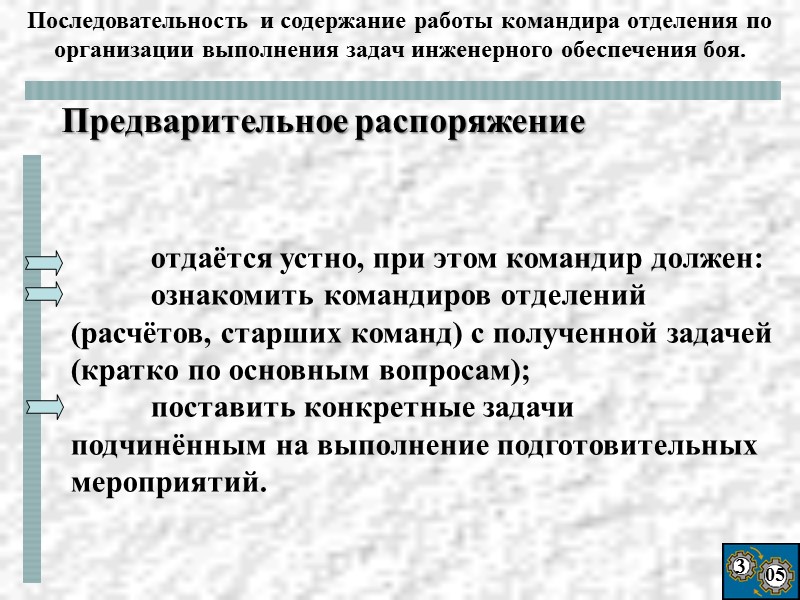 3 05  отдаётся устно, при этом командир должен:  ознакомить командиров отделений (расчётов,